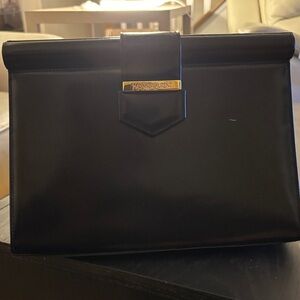 Saint Laurent Black Leather Clutch with Gold Accent